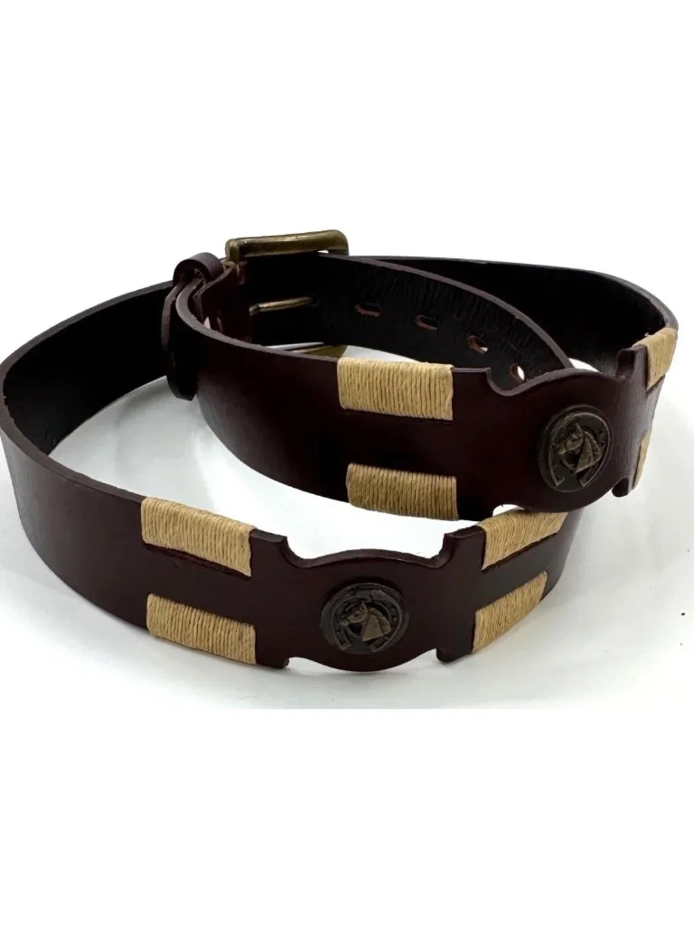 Unbranded Brown Leather Equestrian Horse Emblem Belt With Brass Buckle & Woven